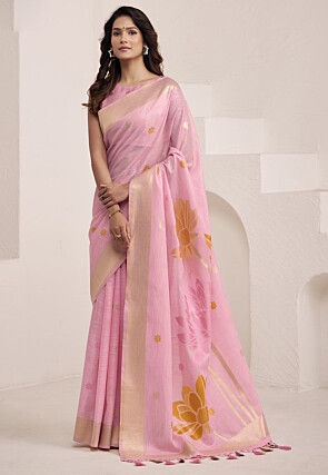 Woven Linen Silk Saree in Pink