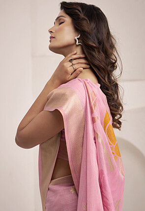 Woven Linen Silk Saree in Pink