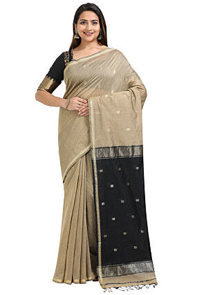 Woven Maheshwari Cotton Saree in Beige