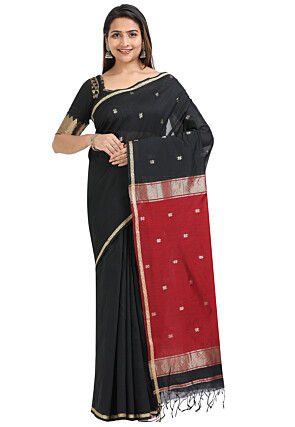 Woven Maheshwari Cotton Saree in Black