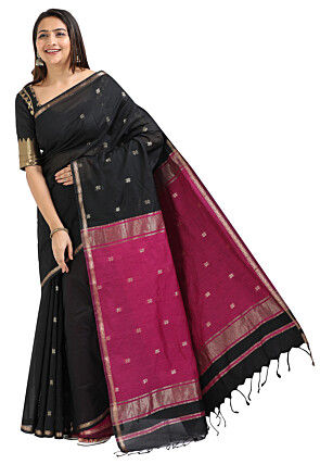 Woven Maheshwari Cotton Saree in Black