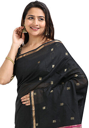 Woven Maheshwari Cotton Saree in Black