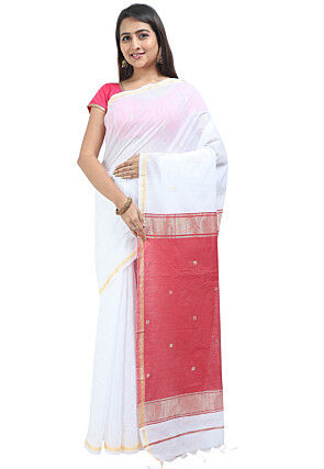 Woven Maheshwari Cotton Saree in White