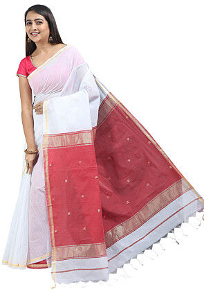 Woven Maheshwari Cotton Saree in White
