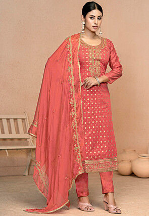 Woven Modal Cotton Pakistani Suit in Peach