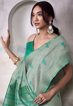 Woven Modal Cotton Saree in Dusty Green