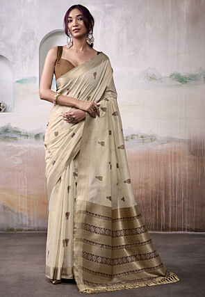 Woven Modal Cotton Saree in Fawn