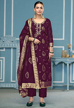 Woven Modal Silk Pakistani Suit in Wine
