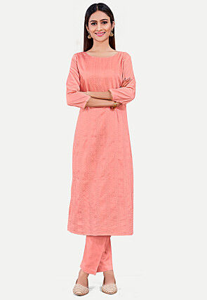 Woven Modal Silk Straight Kurta Set in Peach