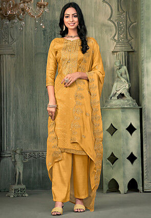Woven Muslin Silk Jacquard Pakistani Suit in Mustard