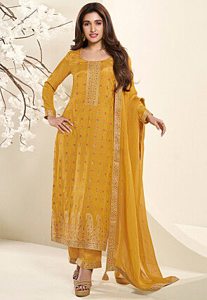 Woven Muslin Silk Jacquard Pakistani Suit in Mustard