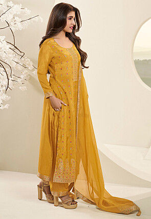 Woven Muslin Silk Jacquard Pakistani Suit in Mustard
