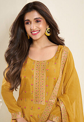 Woven Muslin Silk Jacquard Pakistani Suit in Mustard