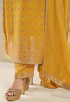 Woven Muslin Silk Jacquard Pakistani Suit in Mustard