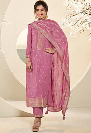 Woven Muslin Silk Jacquard Pakistani Suit in Pink