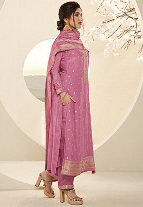 Woven Muslin Silk Jacquard Pakistani Suit in Pink