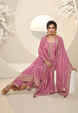 Woven Muslin Silk Jacquard Pakistani Suit in Pink