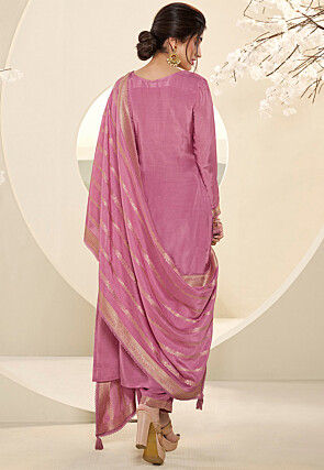 Woven Muslin Silk Jacquard Pakistani Suit in Pink