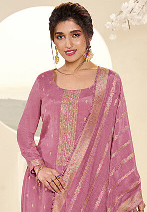 Woven Muslin Silk Jacquard Pakistani Suit in Pink