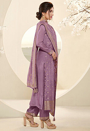 Woven Muslin Silk Jacquard Pakistani Suit in Purple