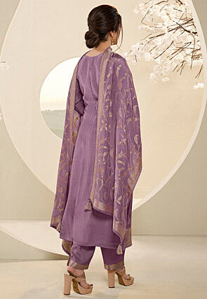 Woven Muslin Silk Jacquard Pakistani Suit in Purple