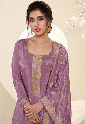 Woven Muslin Silk Jacquard Pakistani Suit in Purple