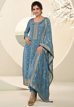 Woven Muslin Silk Jacquard Pakistani Suit in Sky Blue