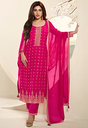 Woven Muslin Silk Pakistani Suit in Fuchsia
