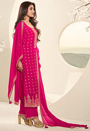 Woven Muslin Silk Pakistani Suit in Fuchsia