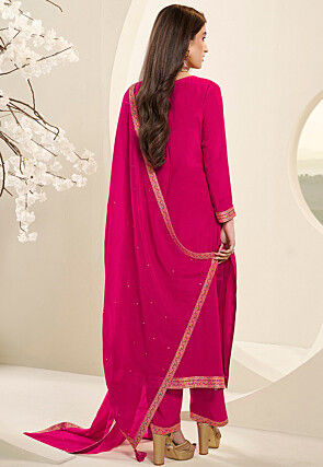 Woven Muslin Silk Pakistani Suit in Fuchsia