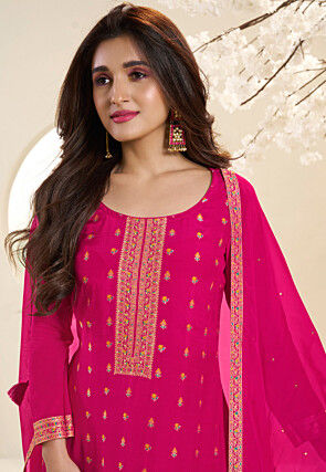 Woven Muslin Silk Pakistani Suit in Fuchsia