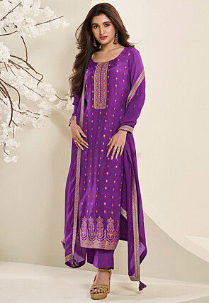 Woven Muslin Silk Pakistani Suit in Purple