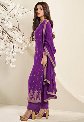 Woven Muslin Silk Pakistani Suit in Purple