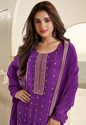 Woven Muslin Silk Pakistani Suit in Purple