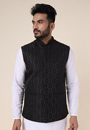 Woven Art Silk Nehru Jacket in Black