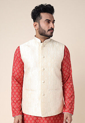 Woven Art Silk Nehru Jacket in Cream