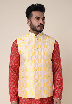 Woven Art Silk Nehru Jacket in Yellow