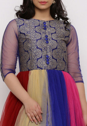 Woven Net Abaya Style Suit in Multicolor and Blue