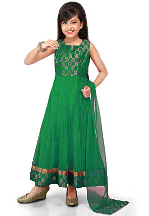 Woven Net Anarkali Suit in Green