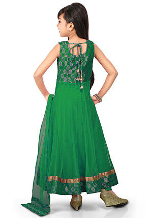 Woven Net Anarkali Suit in Green