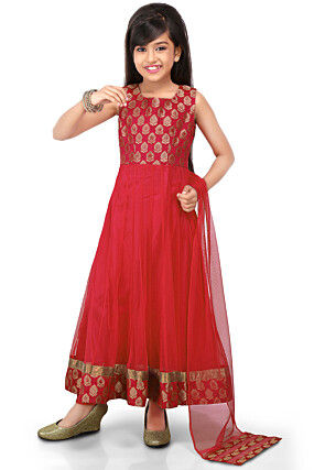 Woven Net Anarkali Suit in Red