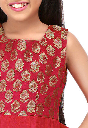 Woven Net Anarkali Suit in Red