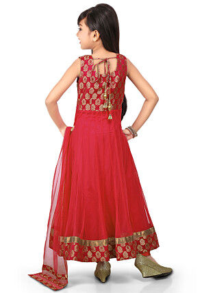 Woven Net Anarkali Suit in Red