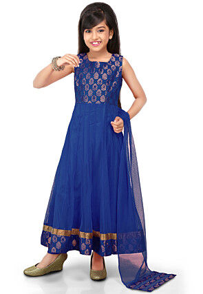 Woven Net Anarkali Suit in Royal Blue