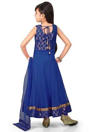 Woven Net Anarkali Suit in Royal Blue