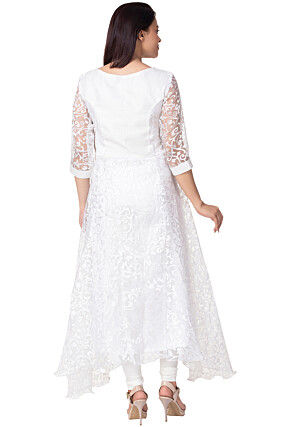 Woven Net Brasso Asymmetric Kurta in White