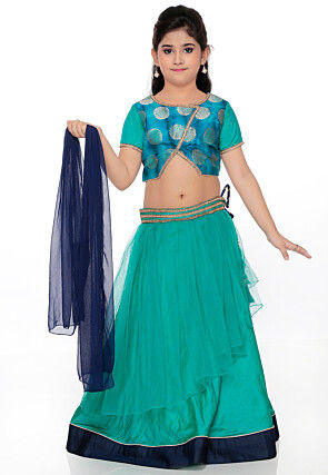Woven Net Lehenga in Teal Green