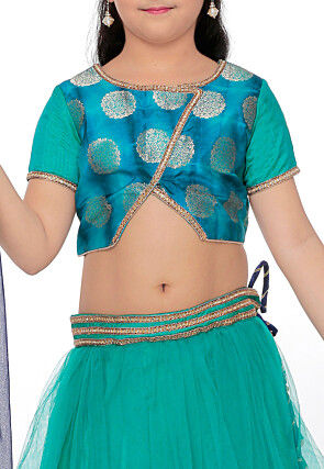 Woven Net Lehenga in Teal Green