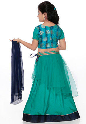 Woven Net Lehenga in Teal Green