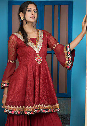Woven Net Straight Kurta in Maroon